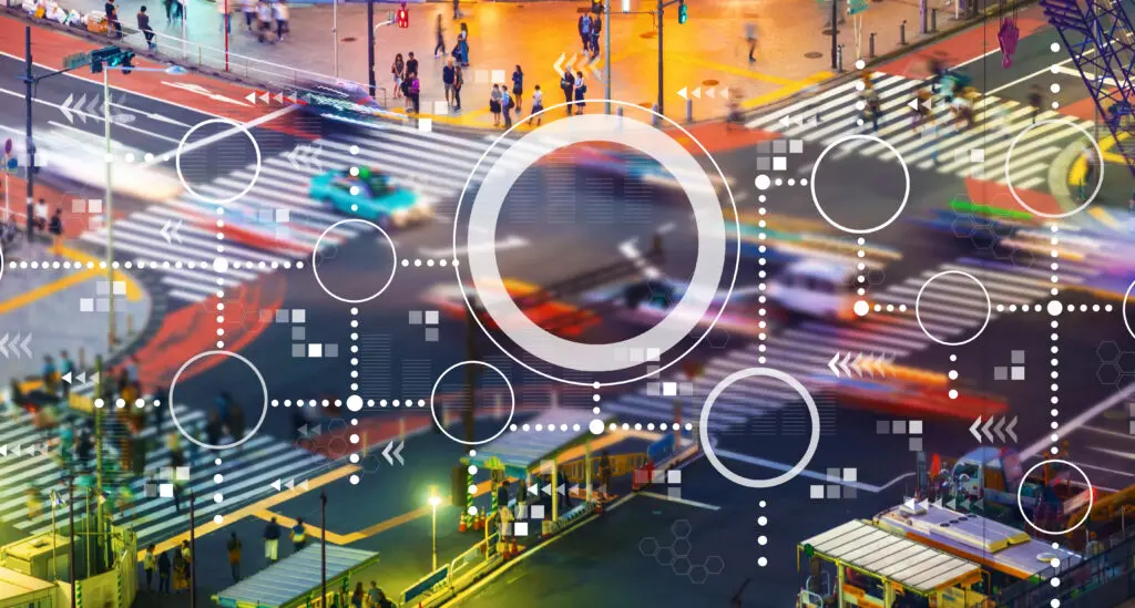 Connected circles chart with busy city traffic intersection