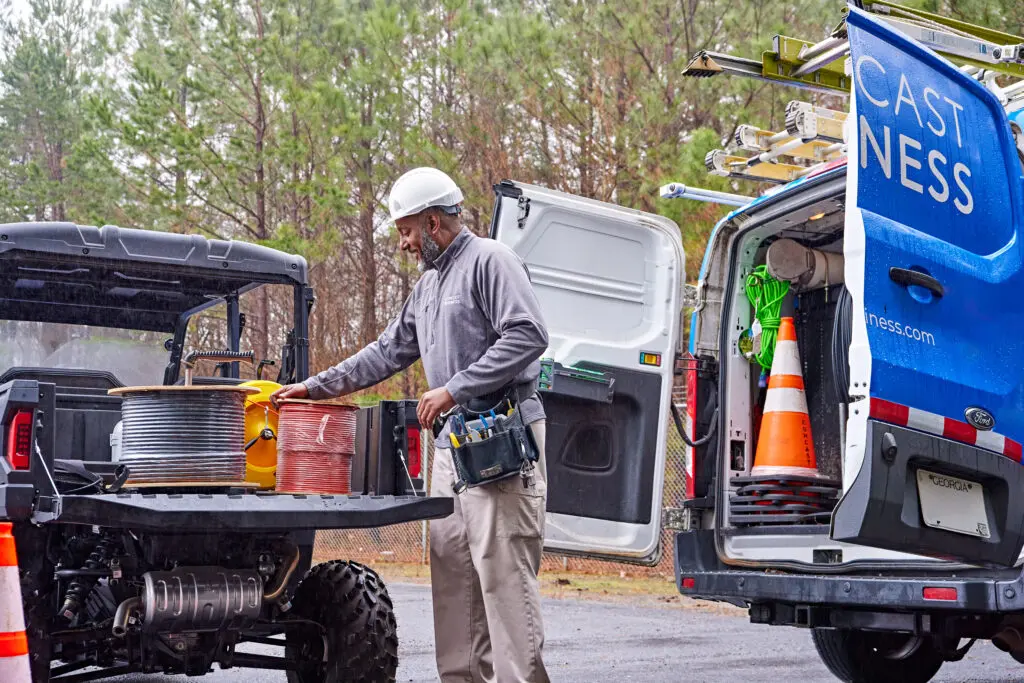 Comcast Business technician prepping his van to help the response team during a storm response. Local response teams are ready to help restore connectivity after storms in Benton and Bryant, Arkansas.