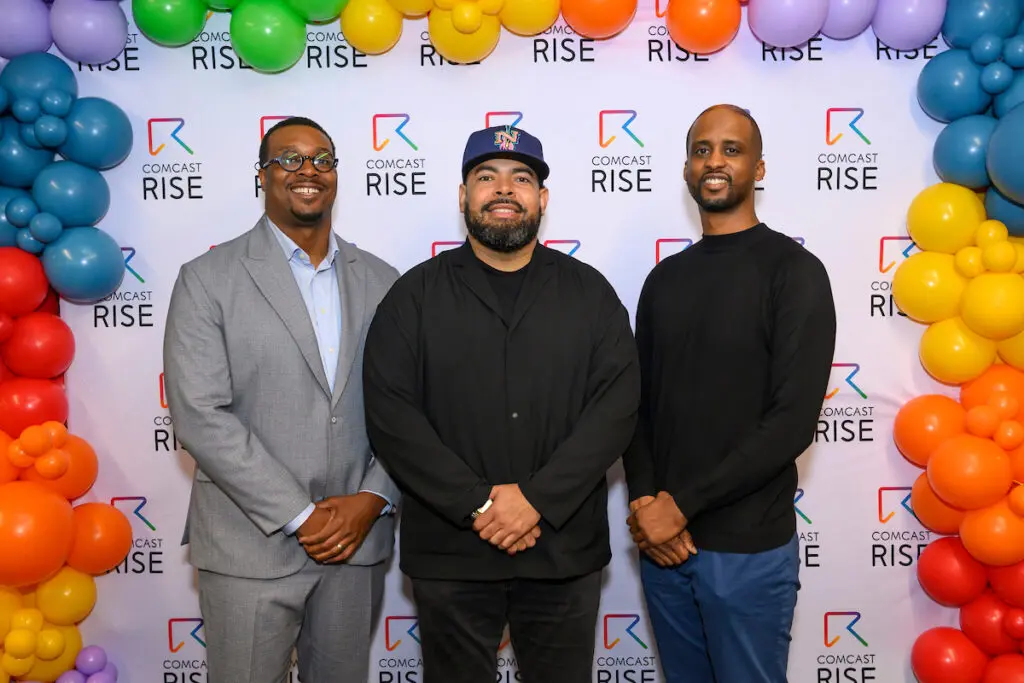From left, Slim and Husky’s co-founders Derrick Moore, Clint Grey and E.J. Reed gather during the Comcast RISE 2025 Nashville Kick-Off Event on Tuesday, April 15, 2025, in Nashville, Tenn.