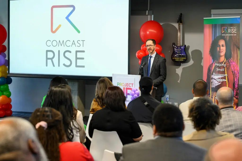 Nashville Mayor Freddie O’Connell addresses a crowd at the Comcast RISE Kick-Off event in Nashville on Tuesday, April 15, 2025, in Nashville, Tenn.
