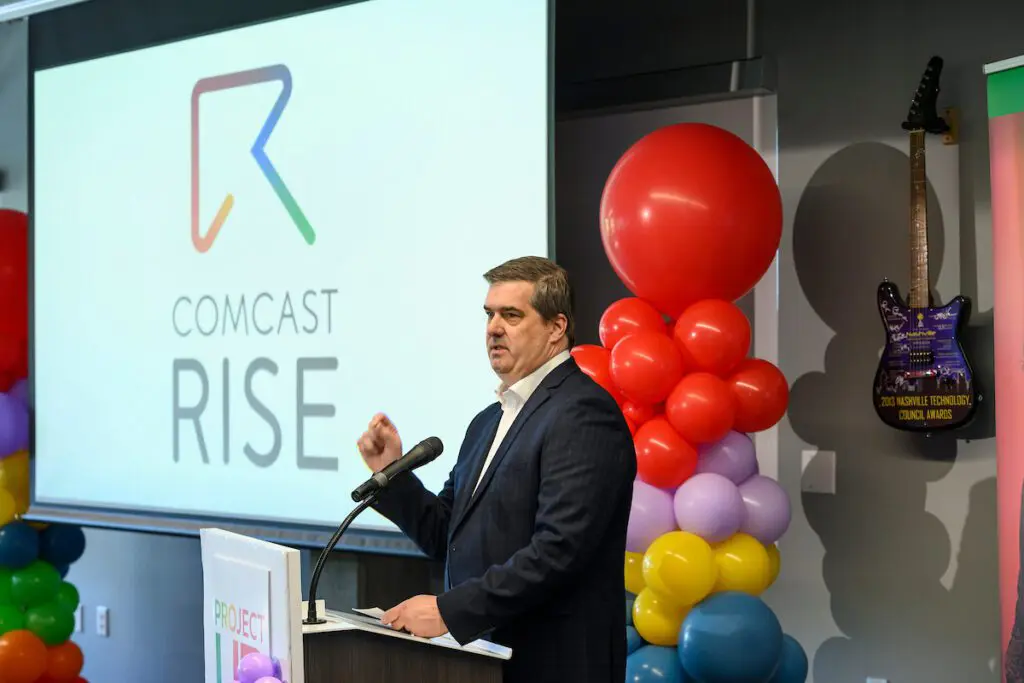 Mike McArdle, Comcast Senior Vice President, announces that Nashville has been selected as a Comcast RISE grant program city for 2025 gather during a Kick-Off Event on Tuesday, April 15, 2025, in Nashville, Tenn.