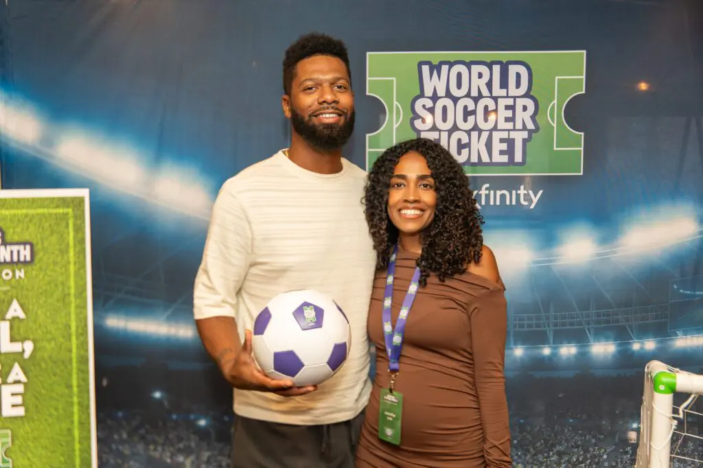 Xfinity-branded items on display at the World Soccer Ticket launch in Atlanta, celebrating the intersection of connectivity, community, and global sports fandom.