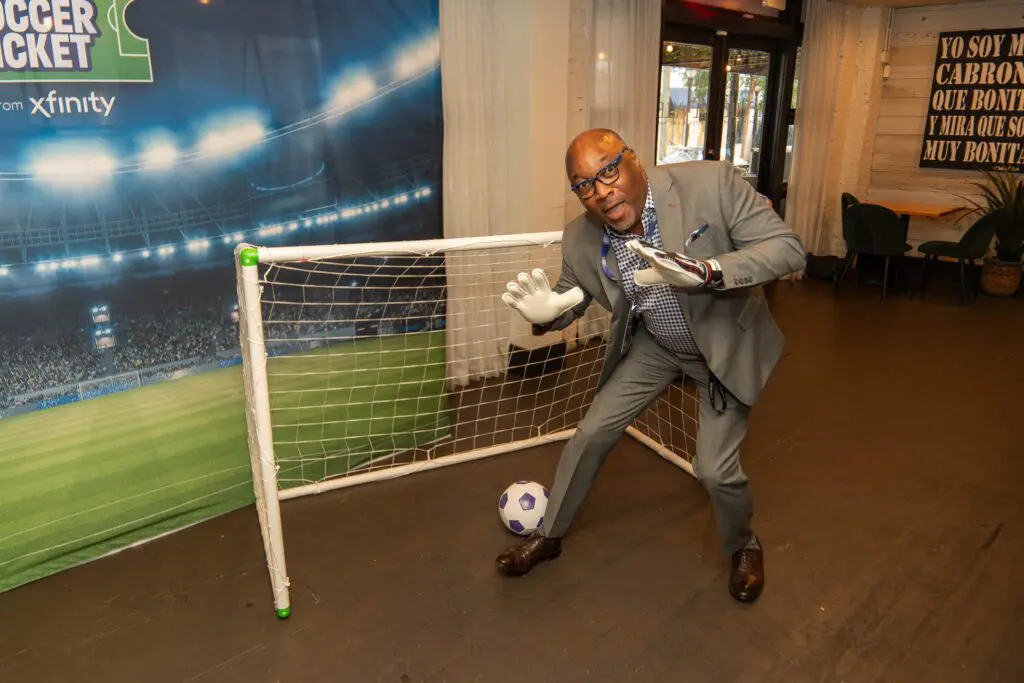 Xfinity-branded items on display at the World Soccer Ticket launch in Atlanta, celebrating the intersection of connectivity, community, and global sports fandom.