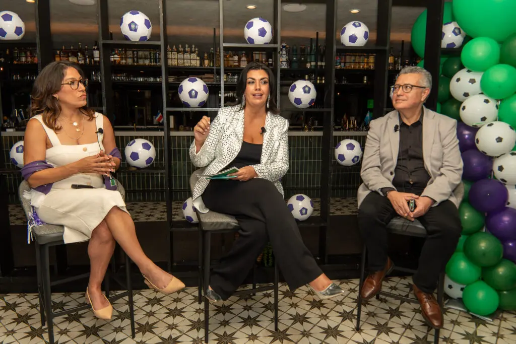 Norelie Garcia Valentin, CEO of Showcase Atlanta; Jacquelyn Puente, Vice President of External Affairs, Comcast; and Javier Garcia, SVP of Sales & Marketing, Comcast Central Division, participate in the panel during the World Soccer Ticket launch event in Atlanta.
