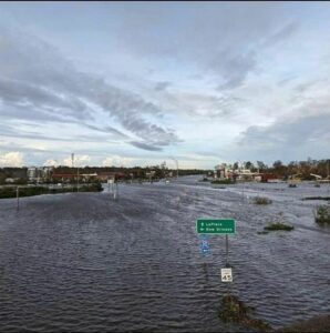 An intersection submerged in deep water.