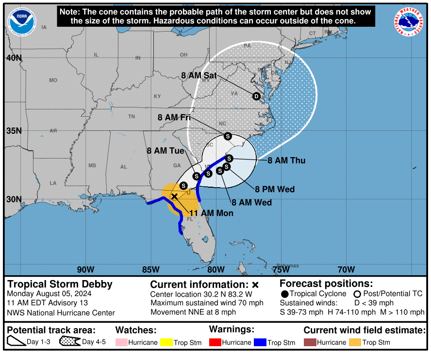 Hurricane Debby forecast map