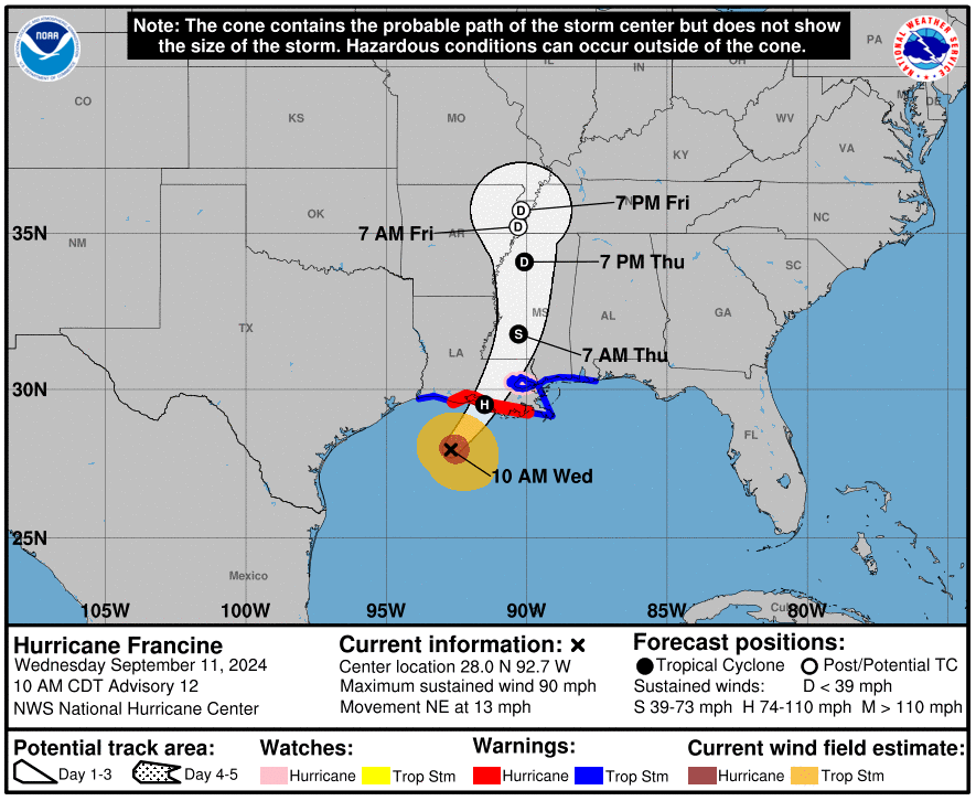 Map showing Hurricane Francine's path towards Louisiana and Mississippi