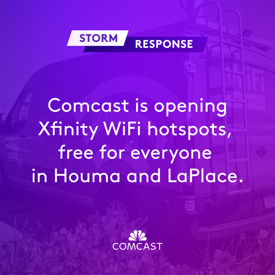 Graphic with the following text on a purple background: Comcast is opening Xfinity WiFi hotspots, free for everyone in Houma and LaPlace