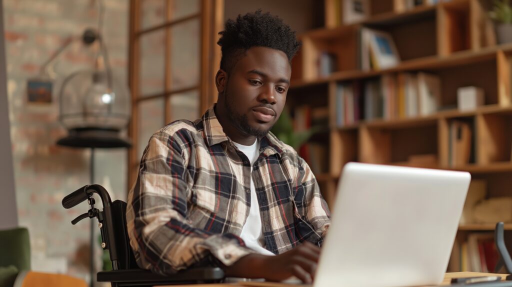  An adult learner taking online classes at home through the power of the internet on National Online Learning Day.