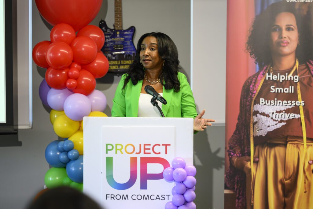 Danielle McGee of Black Business Boom speaks at the Comcast RISE Kick-Off event in Nashville on Tuesday, April 15, 2025, in Nashville, Tenn. (John Amis/Comcast via AP Content Services)
