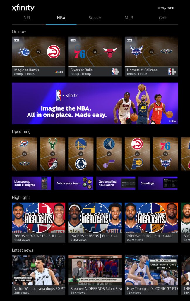 Xfinity NBA Zone hub showing basketball games, highlights, and how to watch NBA at home.