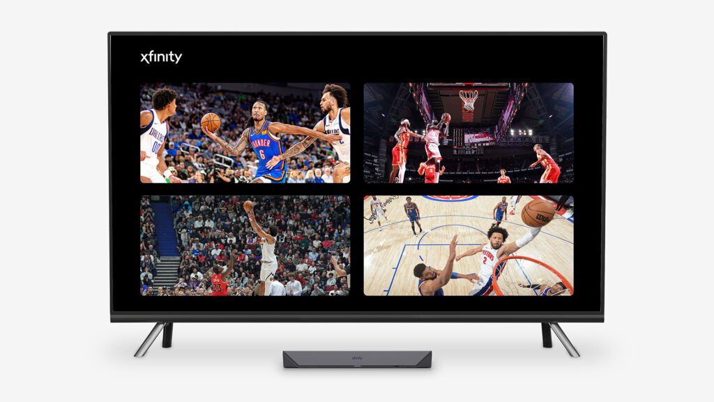 Xfinity Multiview streaming four NBA basketball games at home on one screen.